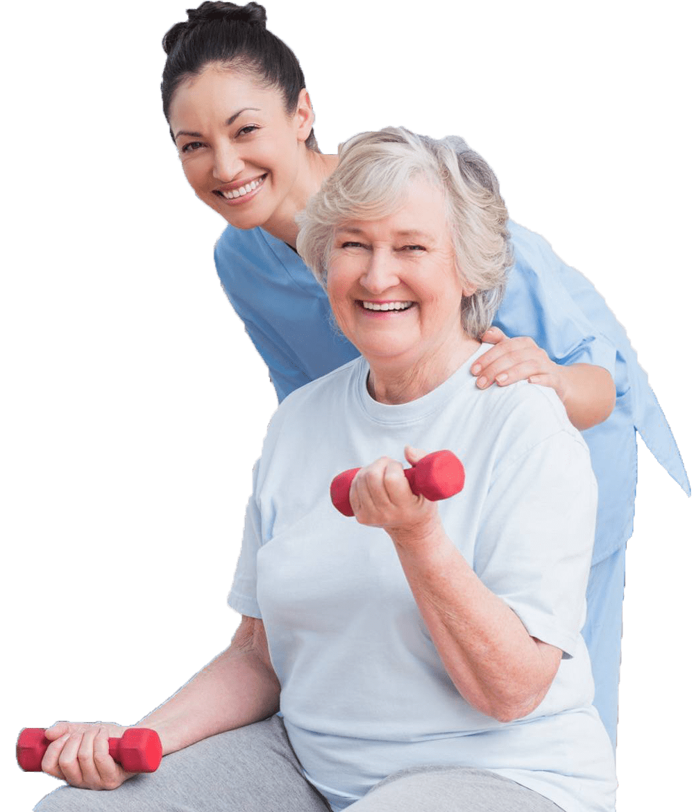 female Physical Therapist helping white haired old woman with red dumble in hands for exercising